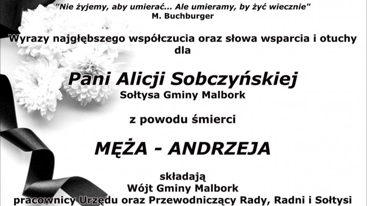 Kondolencje Wójta Gminy Malbork, pracowników Urzędu Gminy oraz Przewodniczącego&#8230;