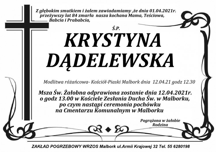 Zmarła Krystyna Dądelewska. Żyła 84 lata.