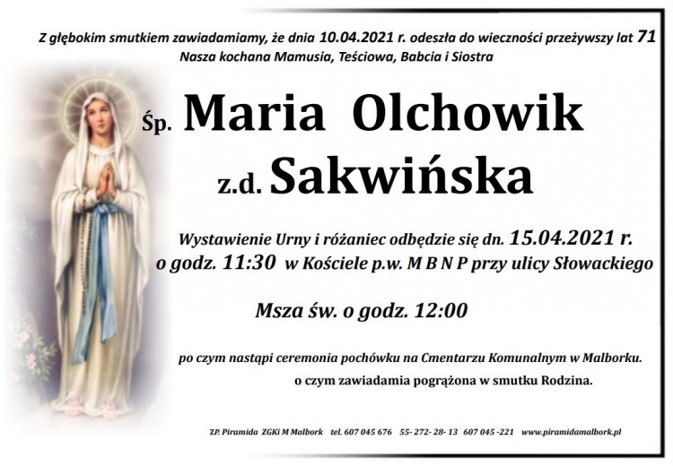 Zmarła Maria Olchowik. Żyła 71 lat.