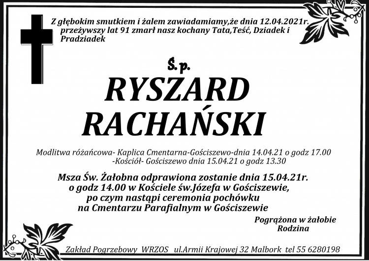 Zmarł Ryszard Rachański. Żył 91 lat.