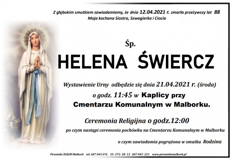 Zmarła Helena Świercz. Żyła 88 lat.