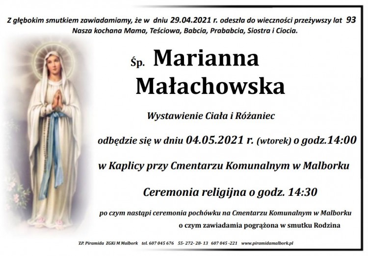 Odeszła Marianna Małachowska. Żyła 93 lata.