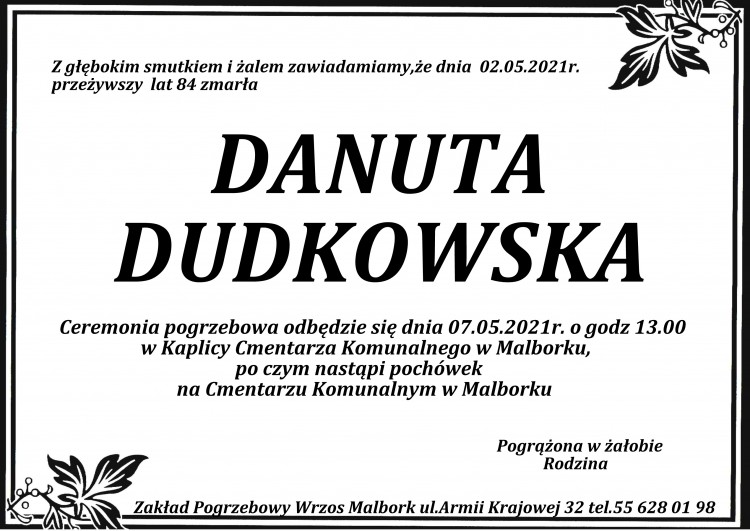 Zmarła Danuta Dudkowska. Żyła 84 lata.