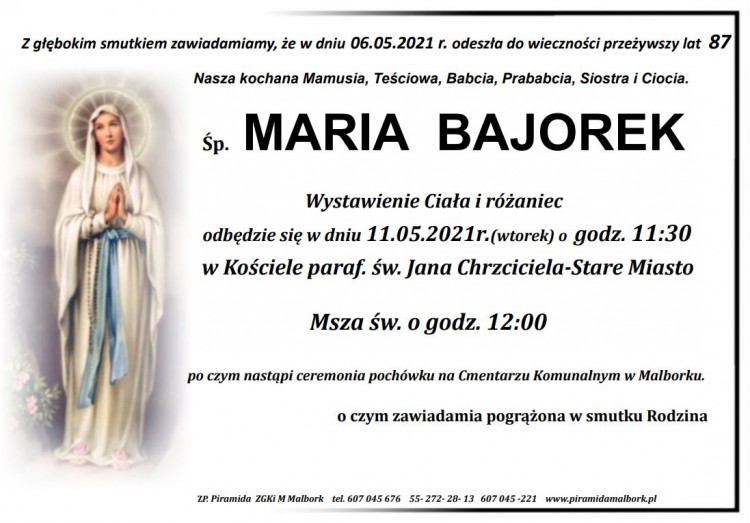 Zmarła Maria Bajorek. Żyła 87 lat.