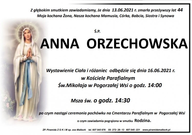 Zmarła Anna Orzechowska. Żyła 44 lata.