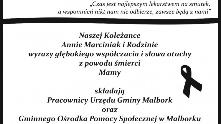 Kondolencje pracowników Urzędu Gminy Malbork oraz GOPS Malbork.