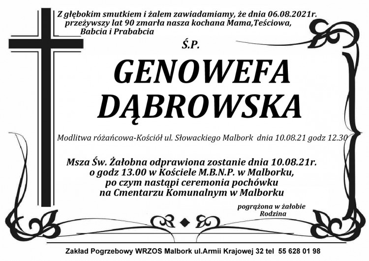 Zmarła Genowefa Dąbrowska. Żyła 90 lat.
