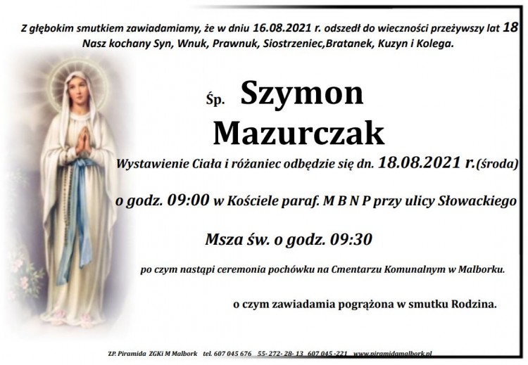 Zmarł Szymon Mazurczak. Miał 18 lat.