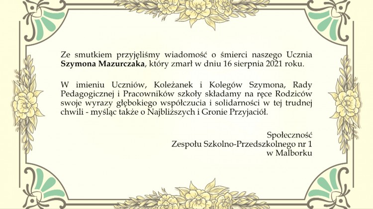 Kondolencje Społeczności Zespołu Szkolno-Przedszkolnego nr 1 w Malborku.