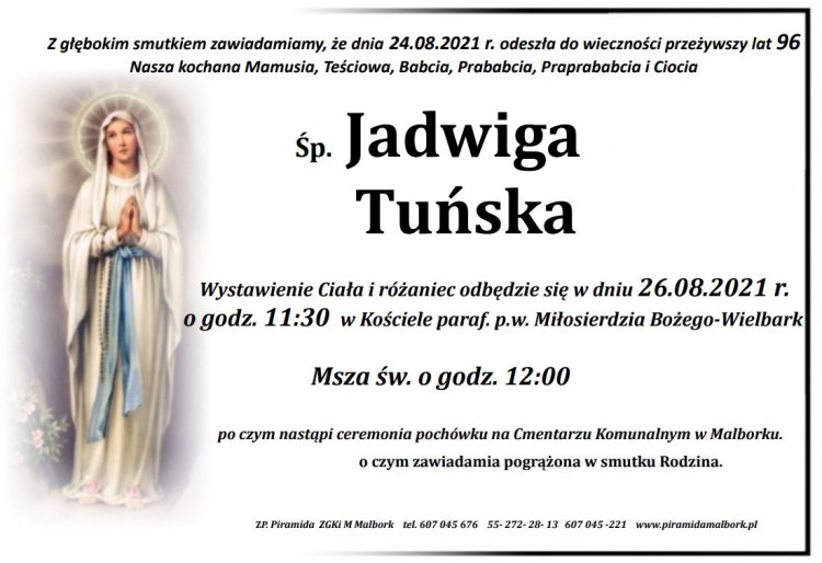 Zmarła Jadwiga Tuńska. Żyła 96 lat. 