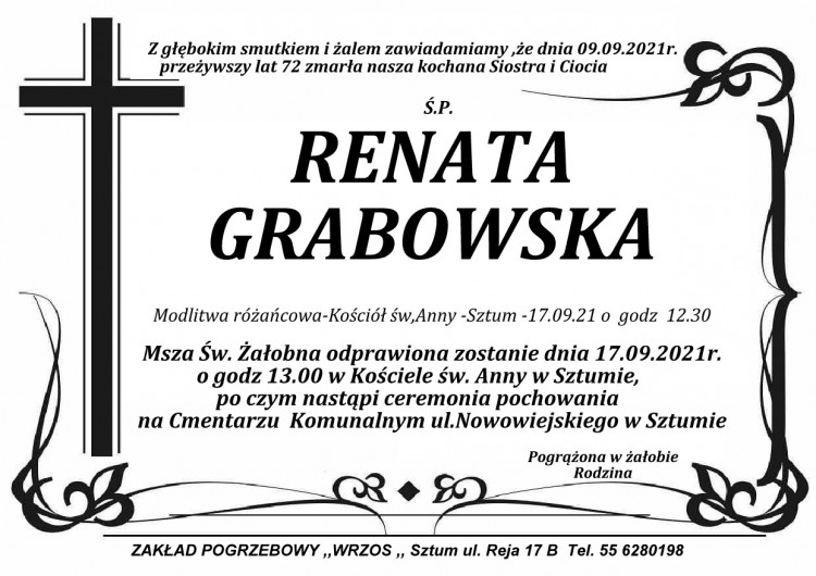 Zmarła Renata Grabowska. Żyła 72 lata.