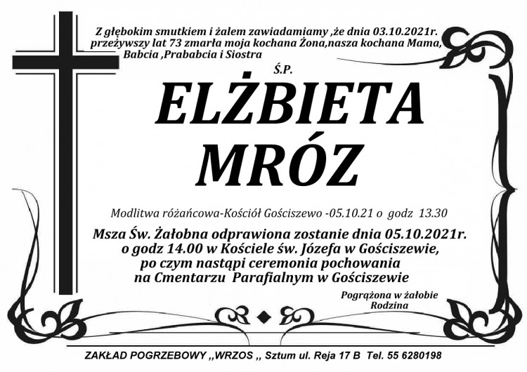 Zmarła Elżbieta Mróz. Żyła 73 lata.