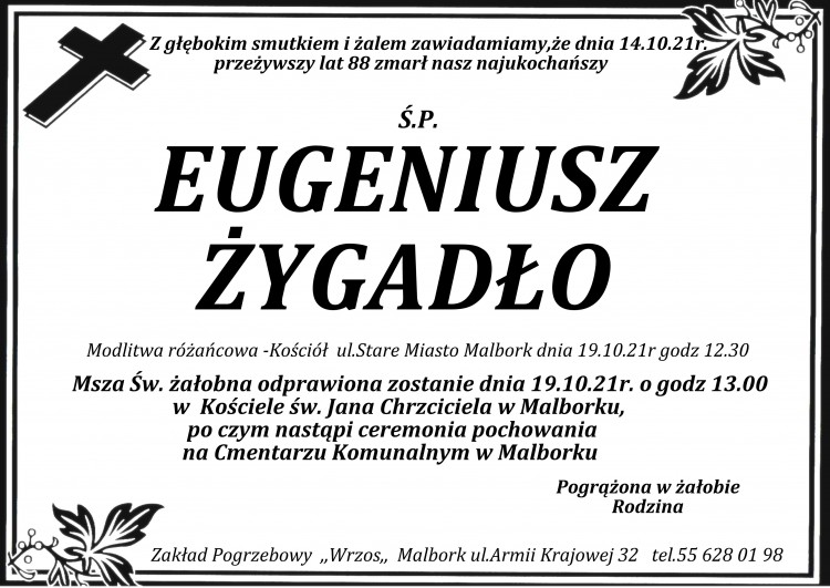 Zmarł Eugeniusz Żygadło. Żył 88 lat.