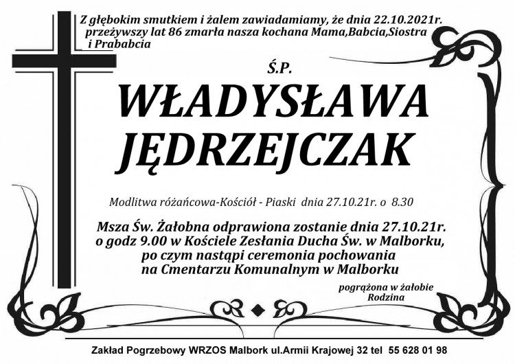 Zmarła Władysława Jędrzejczak. Żyła 86 lat.