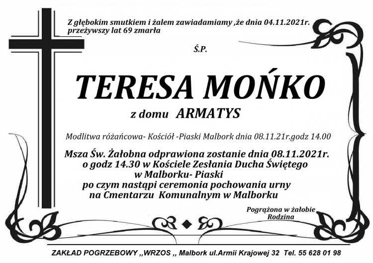 Zmarła Teresa Mońko. Żyła 69 lat.