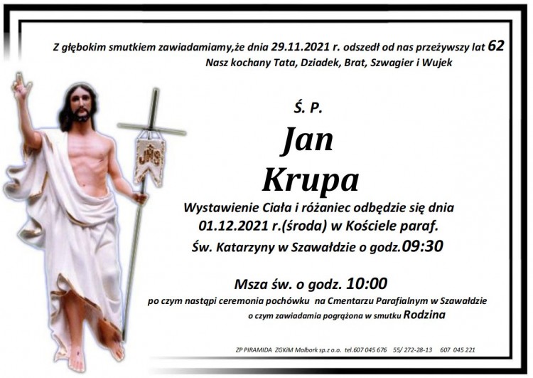 Zmarł Jan Krupa. Żył 62 lata.