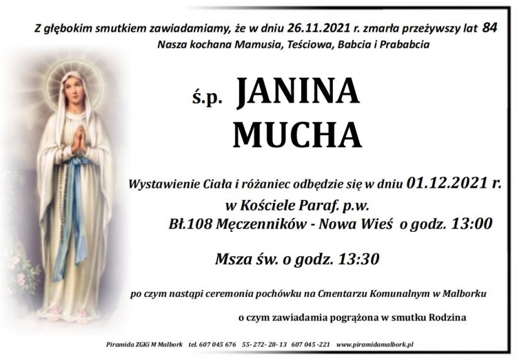 Zmarła Janina Mucha. Żyła 84 lata.