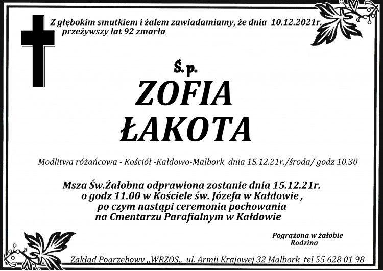 Zmarła Zofia Łakota. Żyła 92 lata.