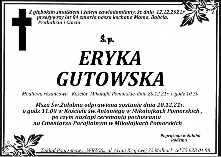 Zmarła Eryka Gutowska. Żyła 84 lata.