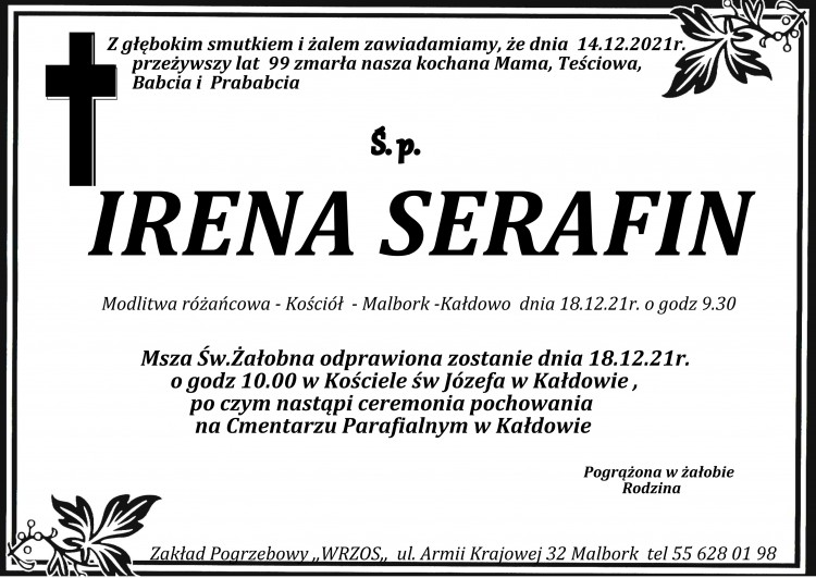 Zmarła Irena Serafin. Żyła 99 lat.