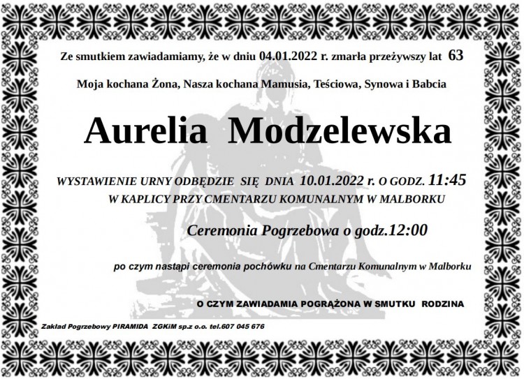 Zmarła Aurelia Modzelewska. Żyła 63 lata.