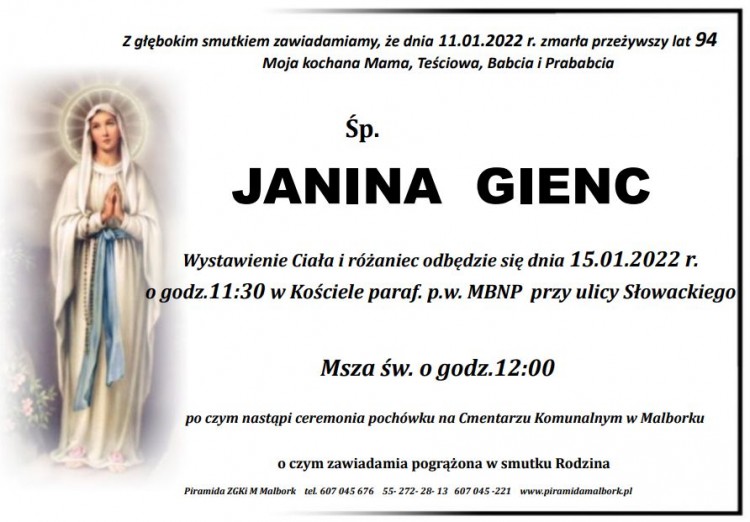 Zmarła Janina Gienc. Żyła 94 lata.