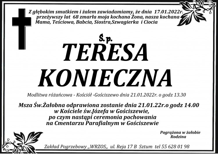 Zmarła Teresa Konieczna. Żyła 68 lat.