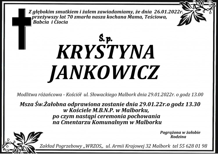 Zmarła Krystyna Jankowicz. Żyła 70 lat. 