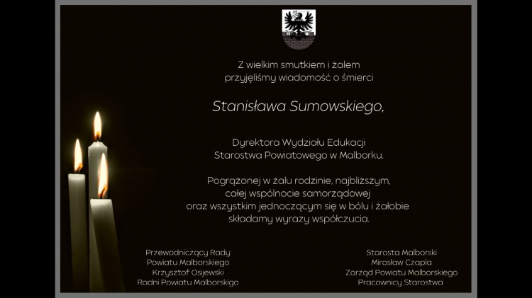 Kondolencje Starosty Malborskiego, Zarządu Powiatu Malborskiego, Pracowników&#8230;