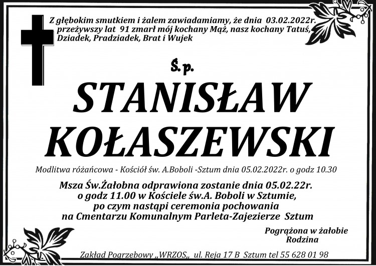 Zmarł Stanisław Kołaszewski. Żył 91 lat.