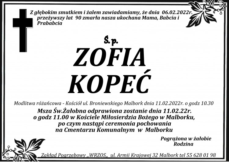 Zmarła Zofia Kopeć. Żyła 90 lat.
