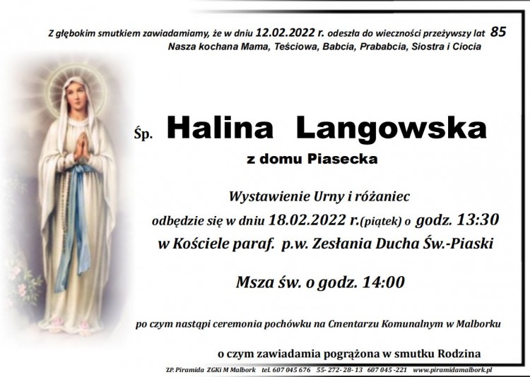 Zmarła Halina Langowska z domu Piasecka. Żyła 85 lat.