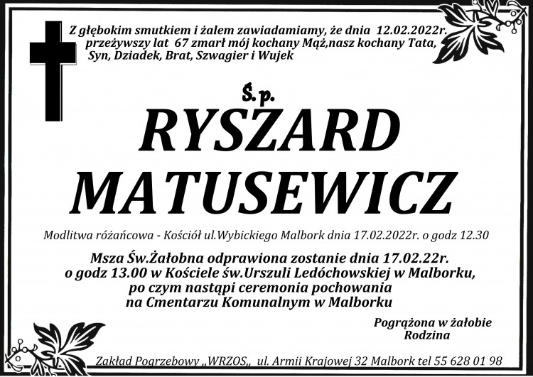 Zmarł Ryszard Matusewicz. Żył 67 lat.
