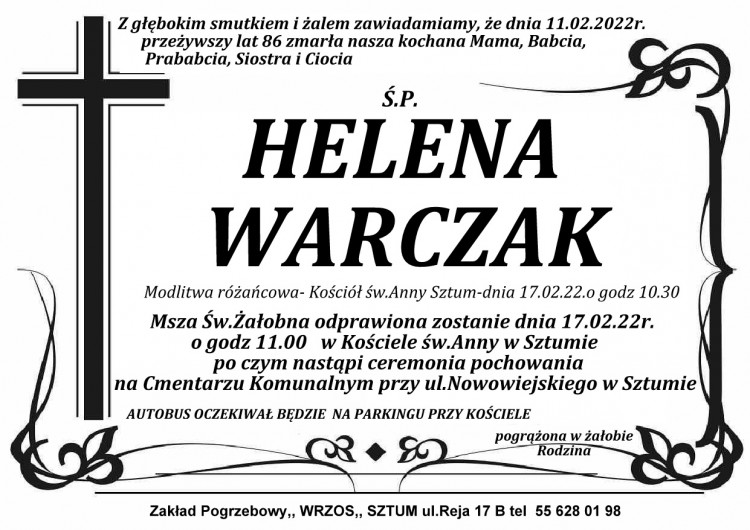 Zmarła Helena Warczak. Żyła 86 lat.