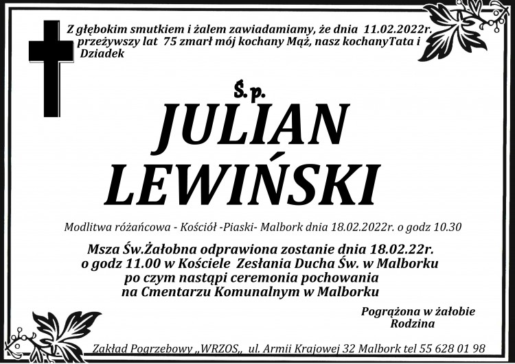 Zmarł Julian Lewiński. Żył 75 lat.