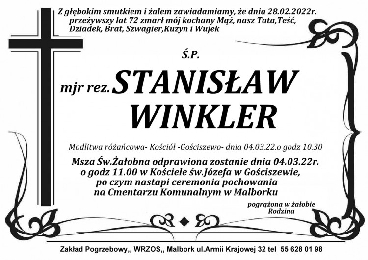 Zmarł mjr rez. Stanisław Winkler. Żył 72 lata.