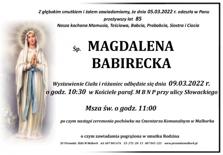 Zmarła Magdalena Babirecka. Żyła 85 lat.