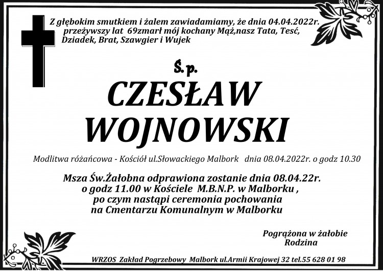 Zmarł Czesław Wojnowski. Żył 69 lat.