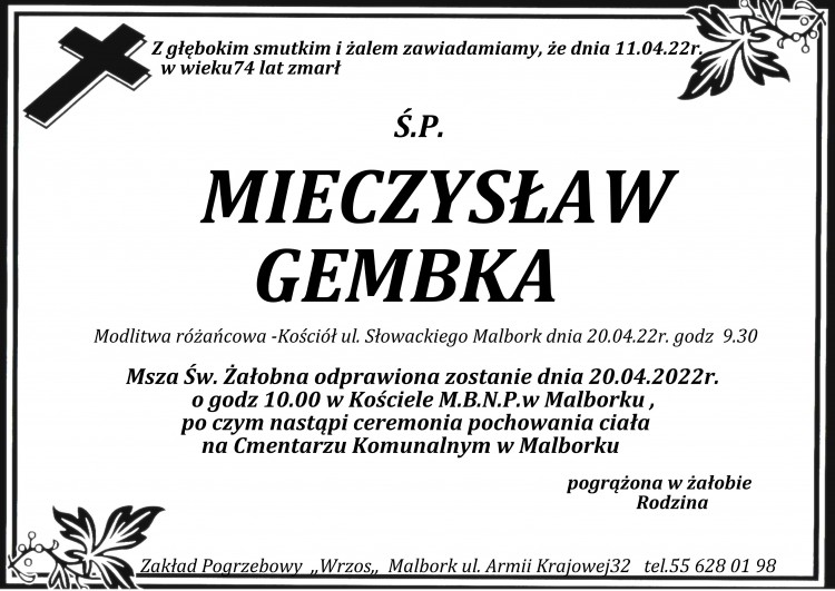 Zmarł Mieczysław Gembka. Żył 74 lata.