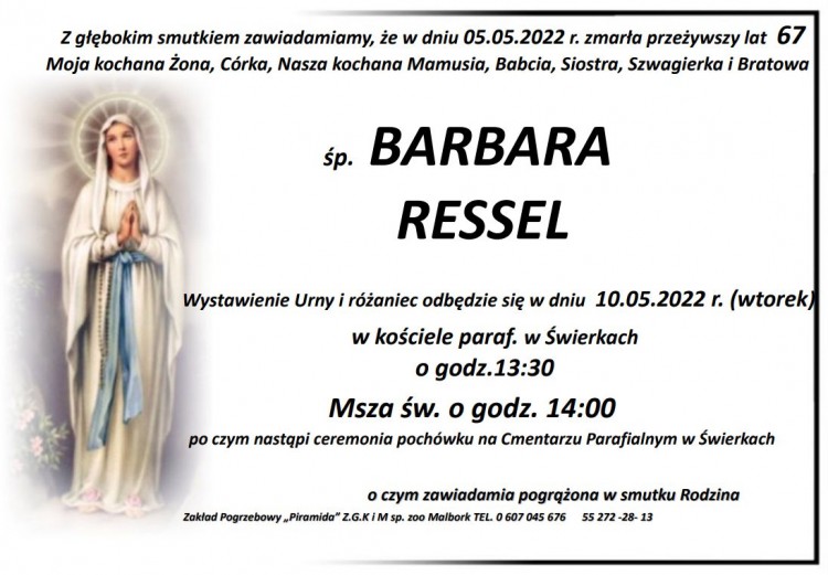 Zmarła Barbara Ressel. Żyła 67 lat.