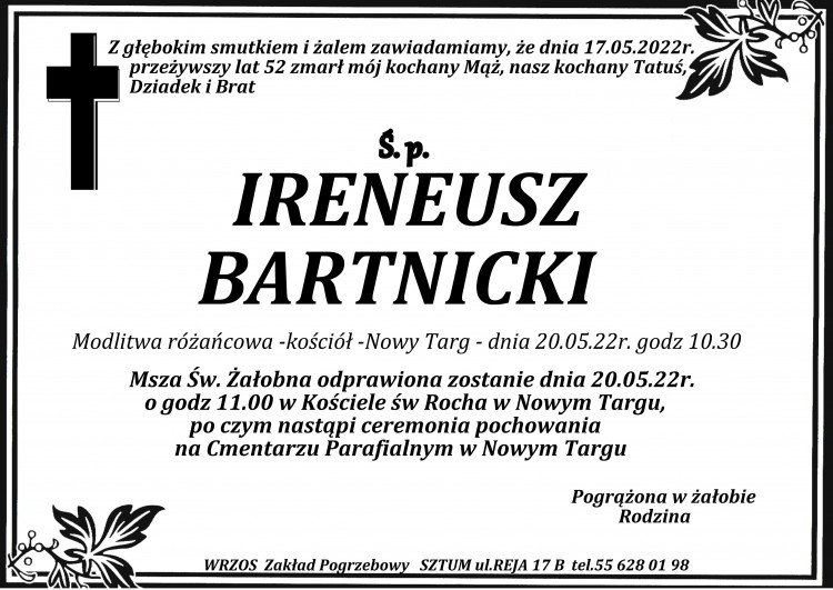 Zmarł Ireneusz Bartnicki. Żył 52 lata.