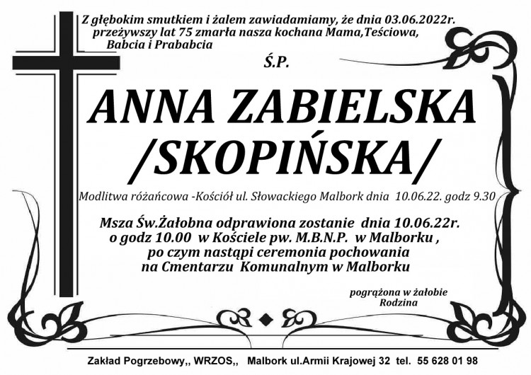 Zmarła Anna Zabielska. Żyła 75 lat.