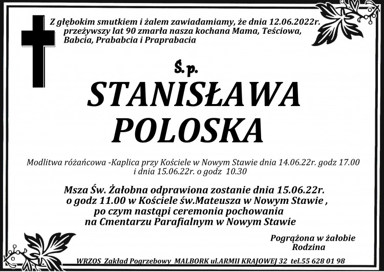 Zmarła Stanisława Poloska. Żyła 90 lat.