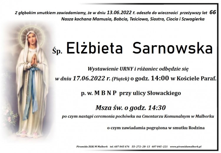 Zmarła Elżbieta Sarnowska. Żyła 66 lat.