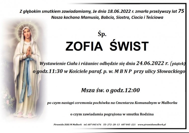 Zmarła Zofia Świst. Żyła 75 lat.