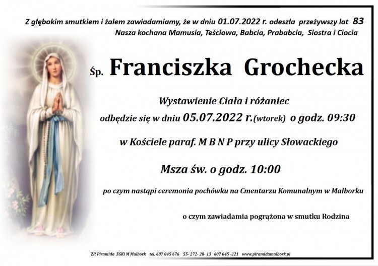 Zmarła Franciszka Grochecka. Żyła 83 lata.