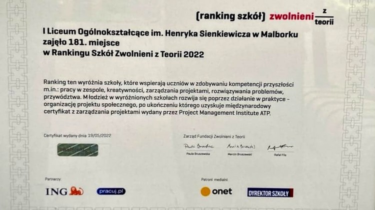 Malbork. I LO w Rankingu Szkół Zwolnieni z Teorii 2022.