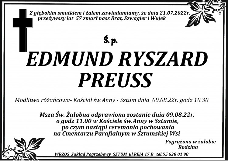 Zmarł Edmund Ryszard Preuss. Żył 57 lat.