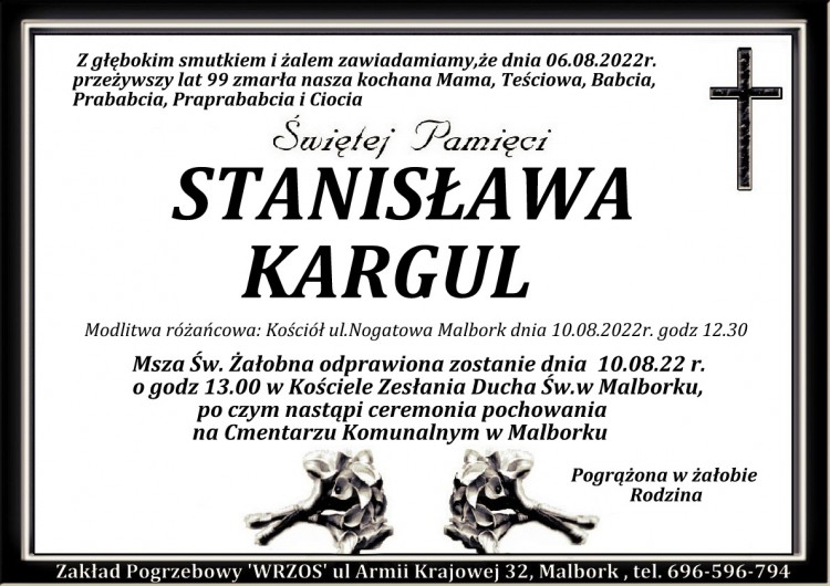 Zmarła Stanisława Kargul. Żyła 99 lat.
