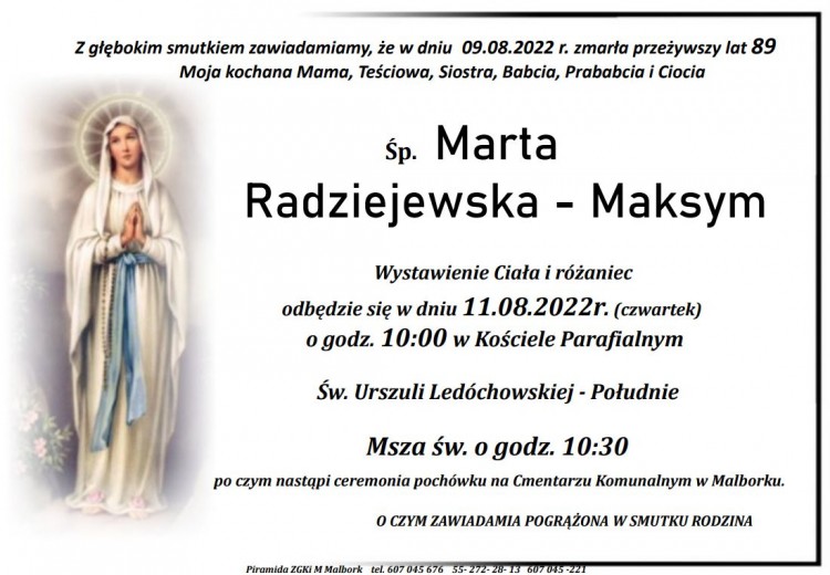 Zmarła Marta Radziejewska - Maksym. Miała 89 lat.